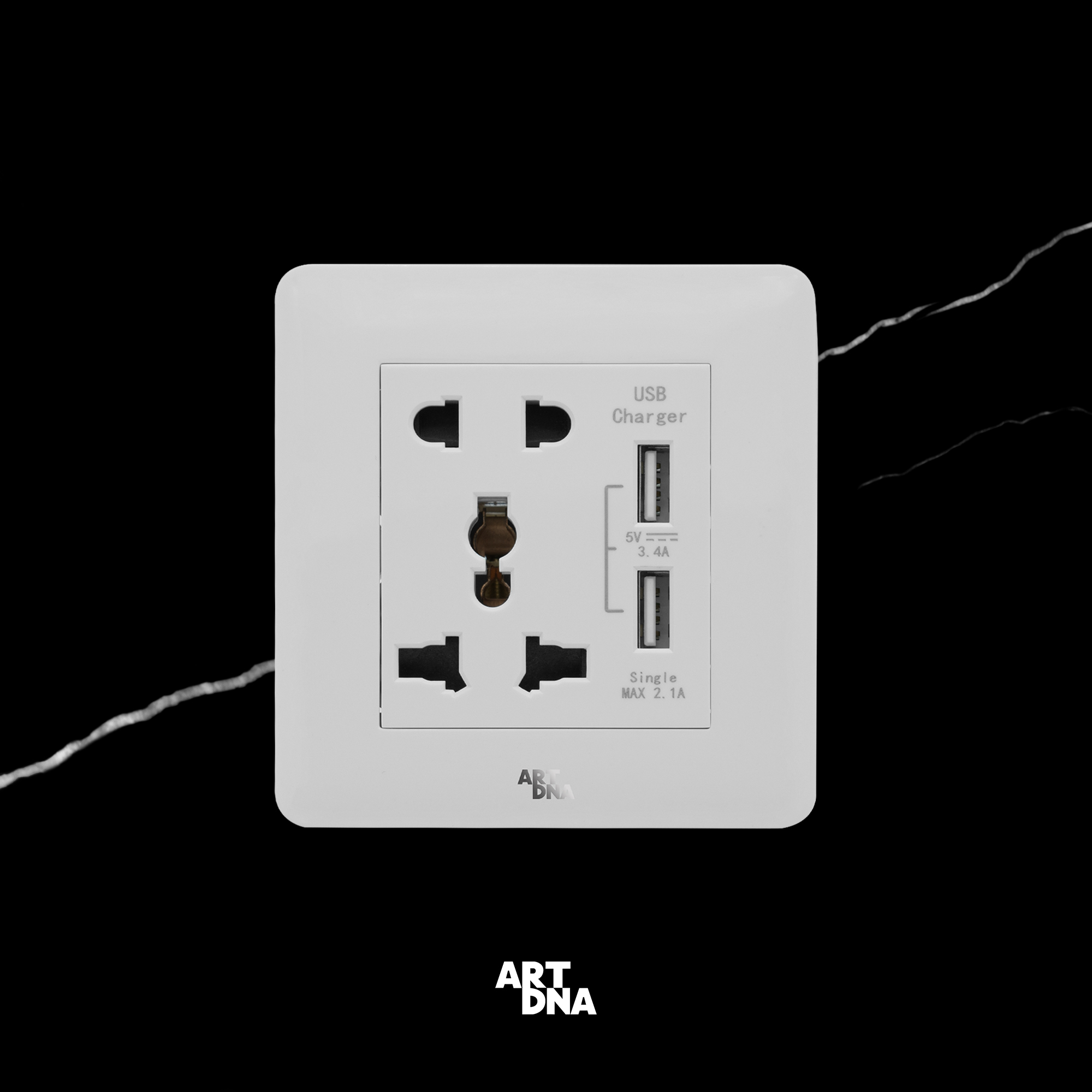A63 FRAMELESS WHITE 2 PIN & 3 PIN WITH DOUBLE USB CHARGER SOCKET | ARTDNA